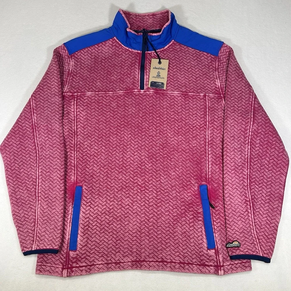 NWT Chubbies The Let Me Pink Blue 1/4 Zip Quilted Jacket Fleece‎ Mens XL